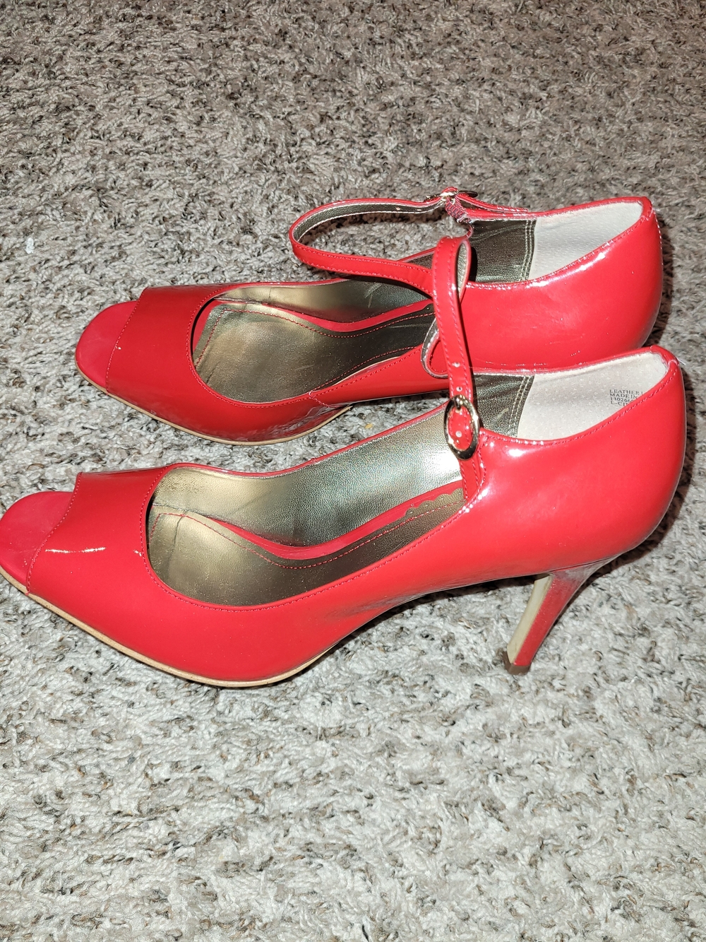 Franco Sarto Women's Red Patent Leather Peep-Toe Mary Jane Heels.